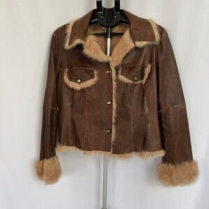 Cache Genuine Leather & Fur Jacket Brown Size Large EUC